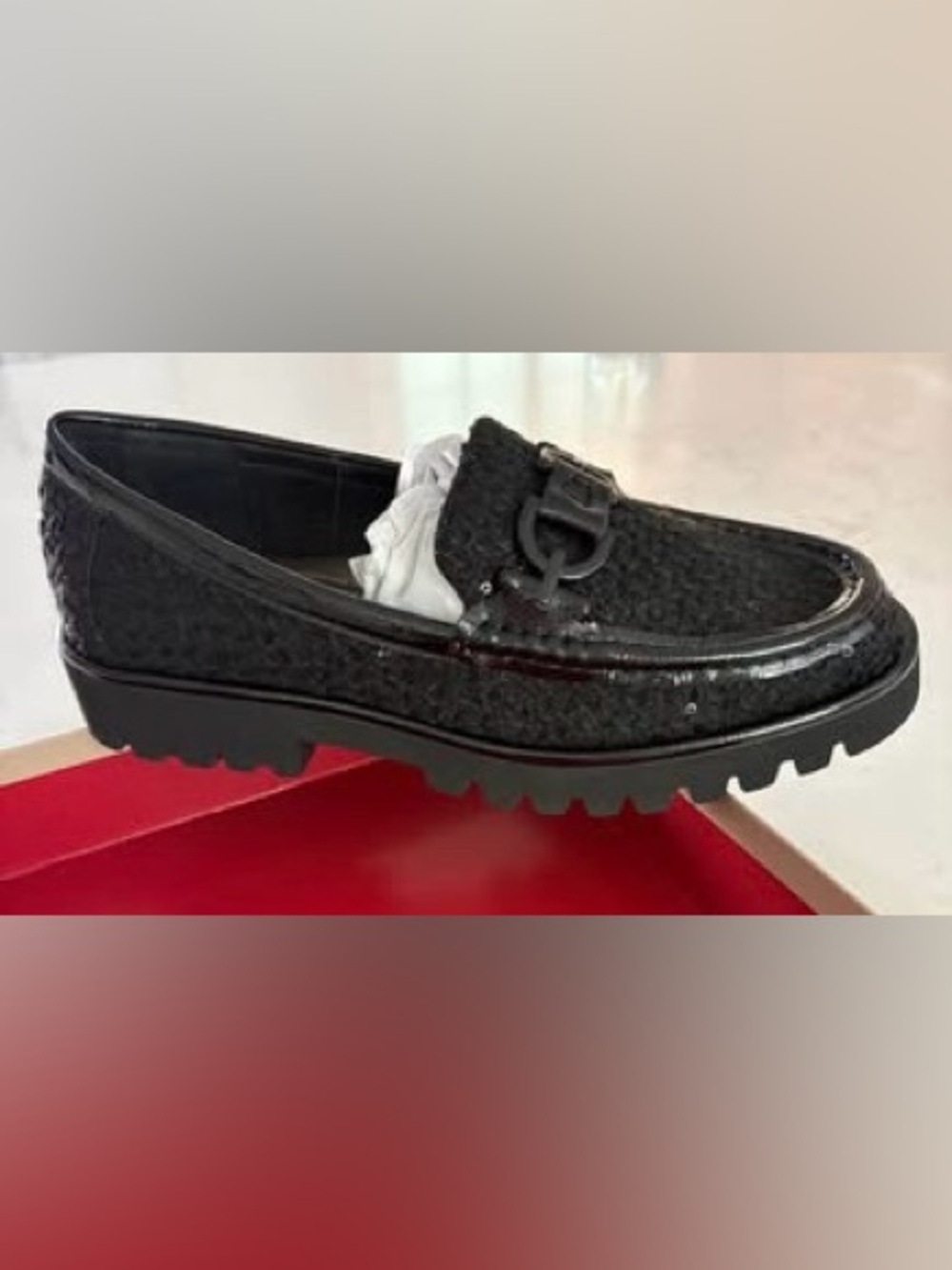 Women's Black Textured Lug Sole Loafers